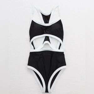 Aerie Pop Cut Out One Piece Black and White Swimsuit Size Medium Long